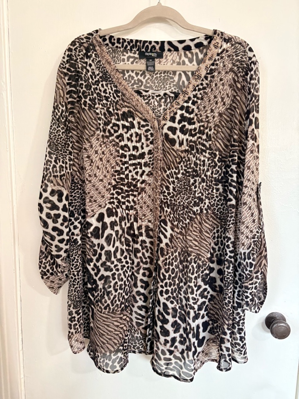 Animal Print Blouse 3X Sheer Tunic Embellished Button Front Roll Tab Sleeves